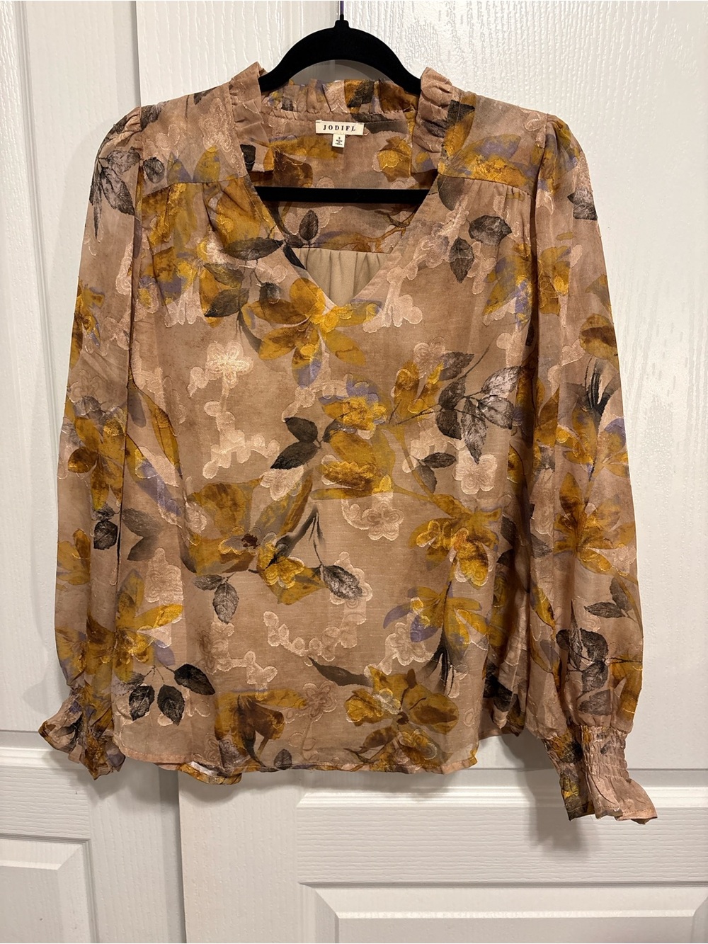 JODIFL Taupe Floral V-Neck Blouse with Mustard and Gray Accents